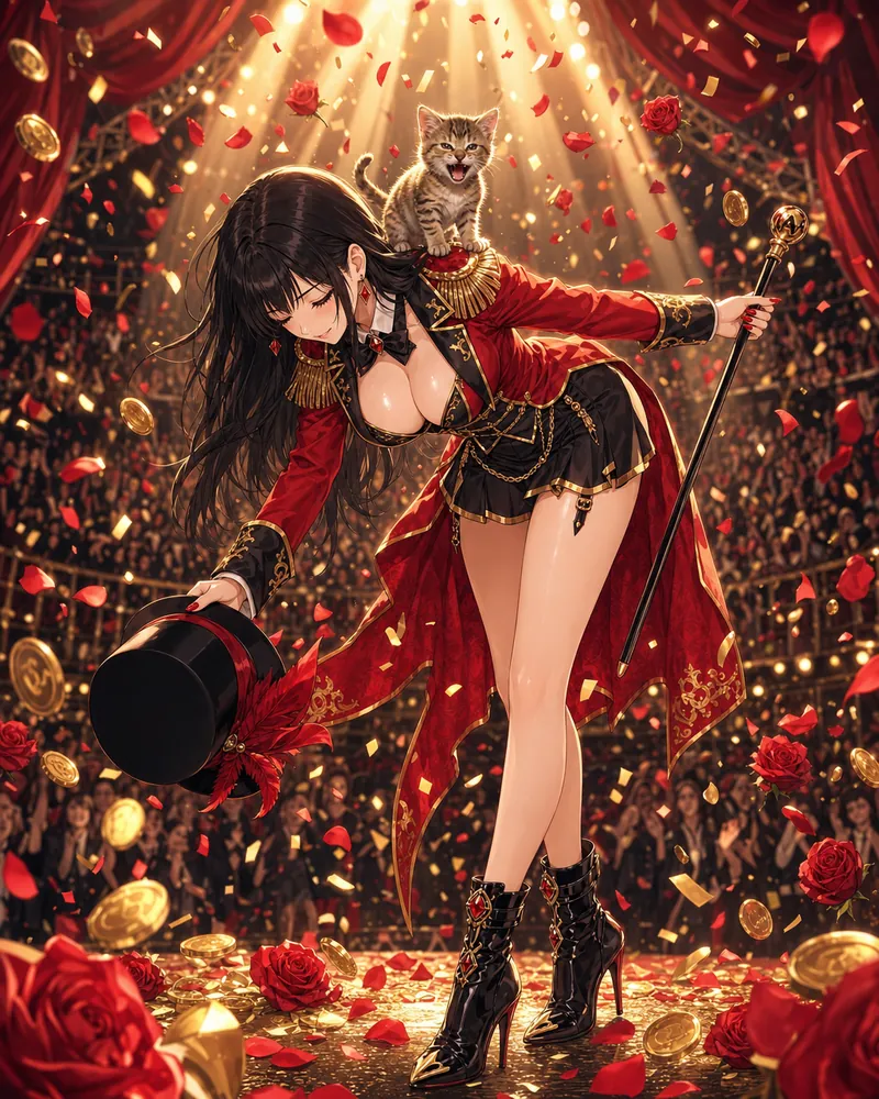The ringmaster bowing with the kitty on her shoulder as coins and roses rain down